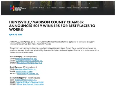 Matt Curtis Real Estate, Inc. has been awarded Gold in the Small Category of the Best Places to Work® Awards by the Huntsville/Madison County Chamber. This recognition, announced at a luncheon on April 30, 2019, highlights the company’s exceptional work e